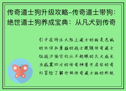 传奇道士狗升级攻略-传奇道士带狗：绝世道士狗养成宝典：从凡犬到传奇神兽