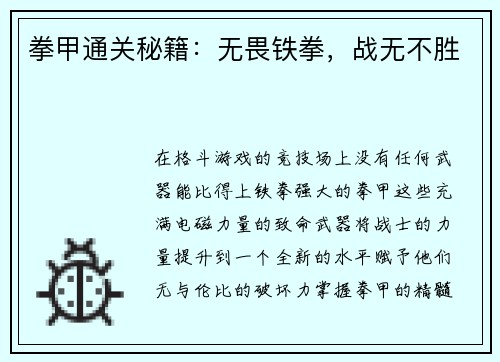 拳甲通关秘籍：无畏铁拳，战无不胜